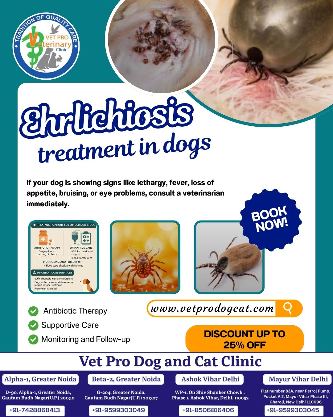 If you are looking for Ehrlichiosis Treatment in Dogs, then you must visit Vet Pro Dog Cat clinic and get the best treatment. Book now